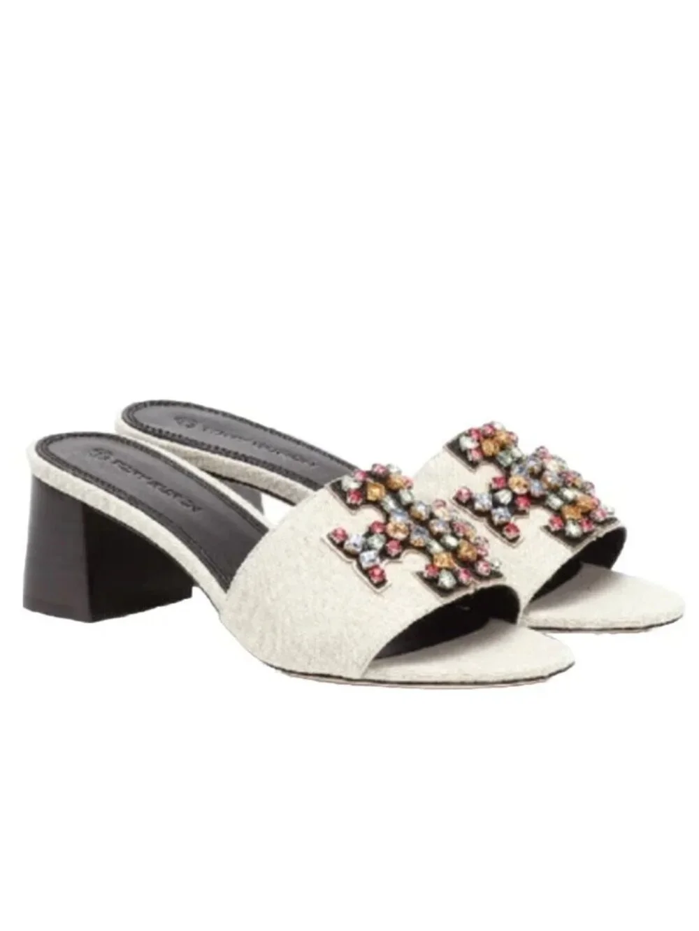 TORY BURCH Ines Embellished Linen Leather Mules 9.5 Rhinestone $300